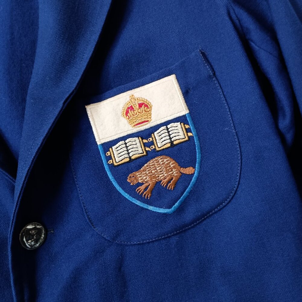 Vtg 50s Wool Blazer Jacket Blue Canadian Crown Beaver Patch Preppy Large Women - Picture 2 of 7